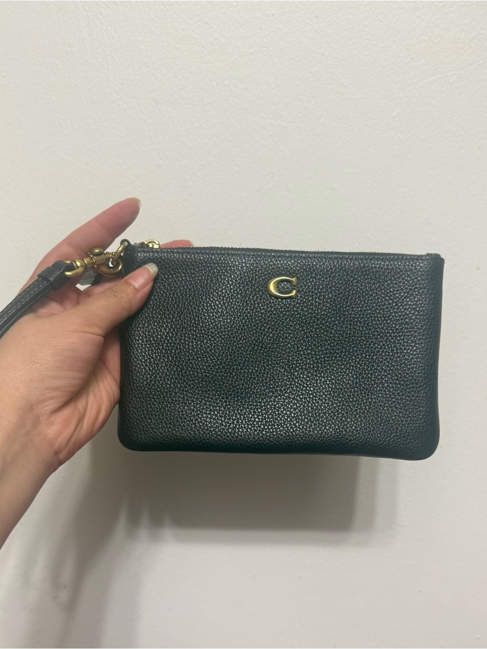 Coach Black Pebbled Leather Wristlet with Gold C Accent